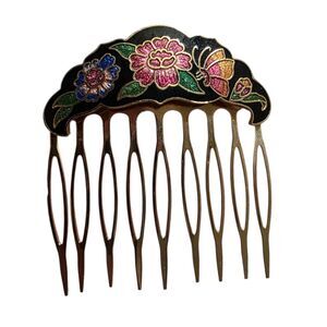 Vintage Cloisonné Hair Comb Gold Tone Black Pink Enamel Floral Accessory Pretty